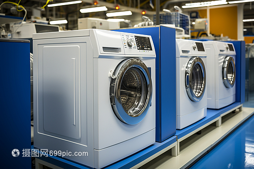 藍(lán)色地板上的洗衣機(jī) 現(xiàn)代辦公空間中的多功能融合